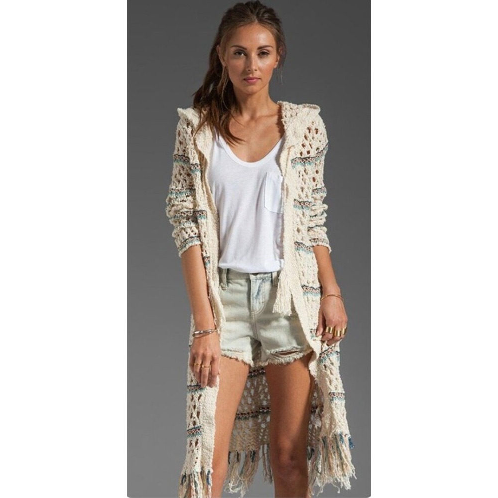 Free People Sunblock Cardigan Boho Crochet Fringe Duster Ivory‎ Blue Small